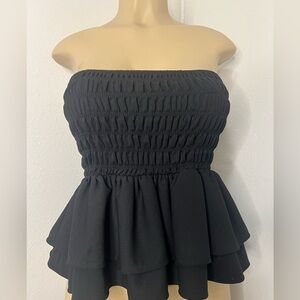 ZARA Black Strapless Smocked Peplum Top Bandeau Tiered Ruffle